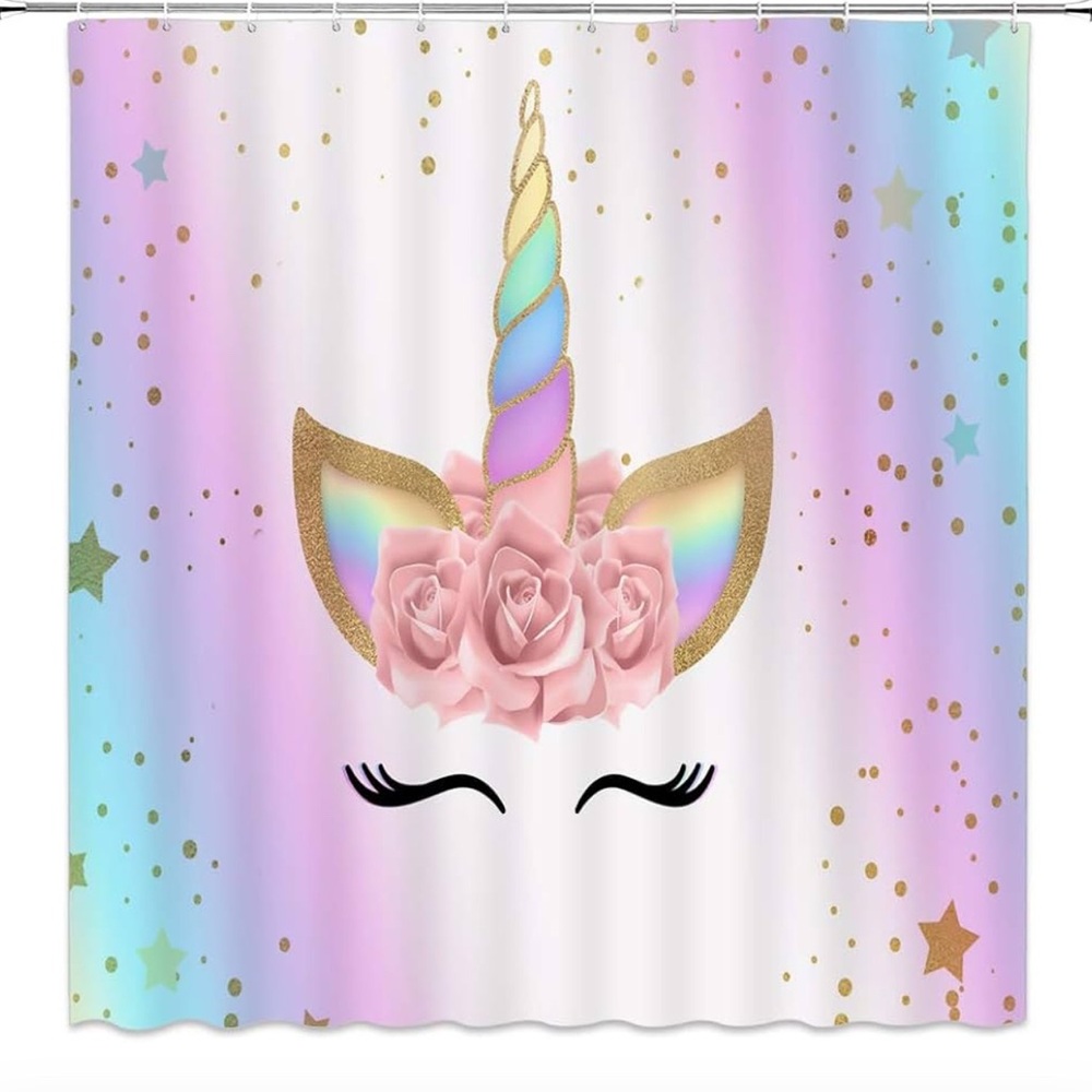 Unicorn Shower Curtain Rainbow Magic Head Bathroom Curtain
